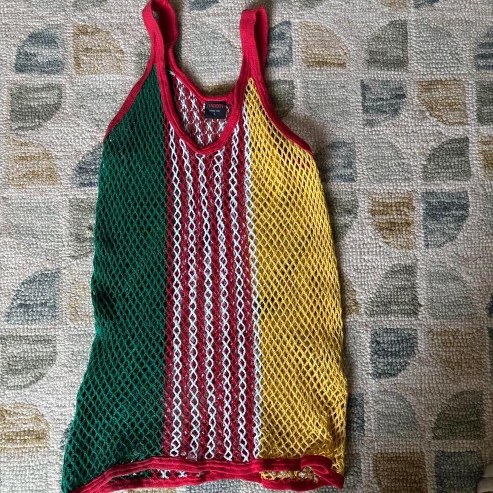 Vintage 80s Pendeen Multicoloured String Vest Size L Rasta Jamaica Carnival